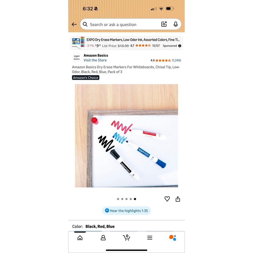Amazon Basics Dry Erase Markers Chisel Tip Low Odor‎ Black Red Blue 3 Packs of 3 - Picture 8 of 8
